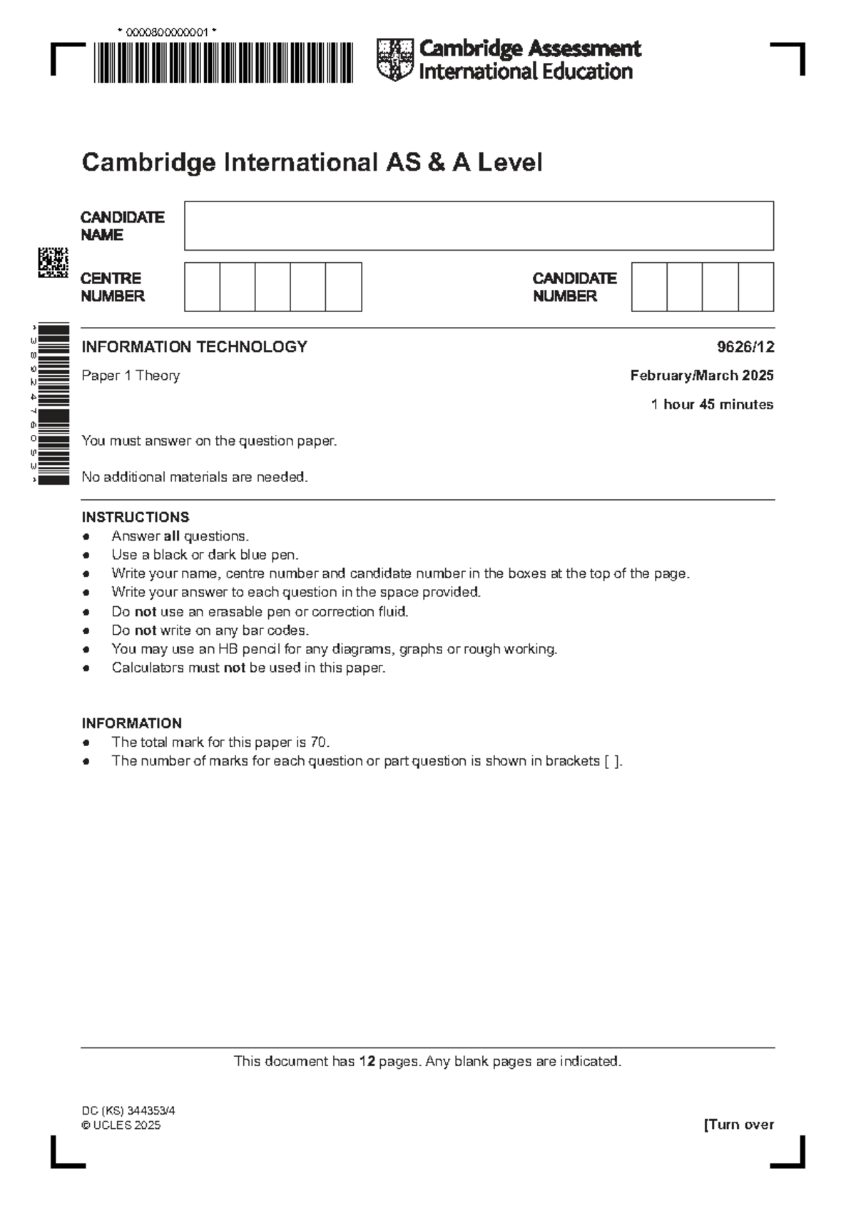 Cambridge International AS A Level 9626 IT Paper 1 Theory 2025 Exam ...