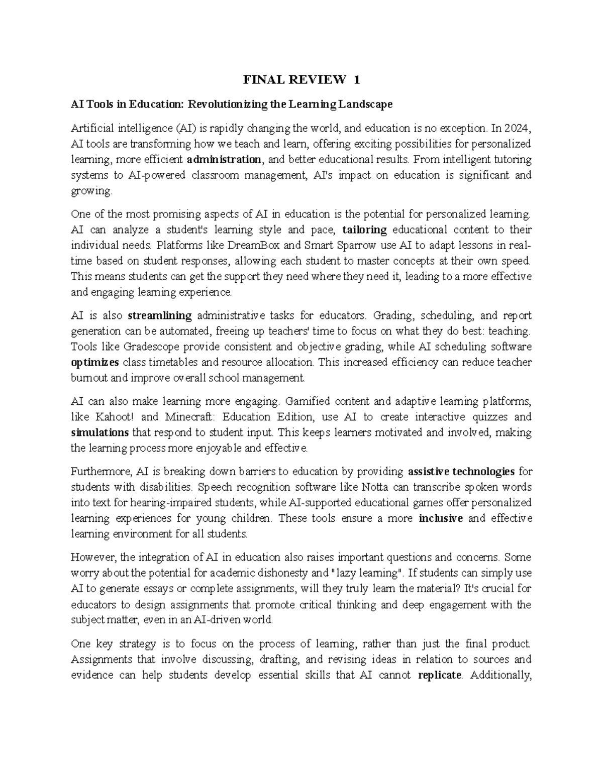 FINAL REVIEW 1: AI Tools in Education and Their Impact on Learning ...
