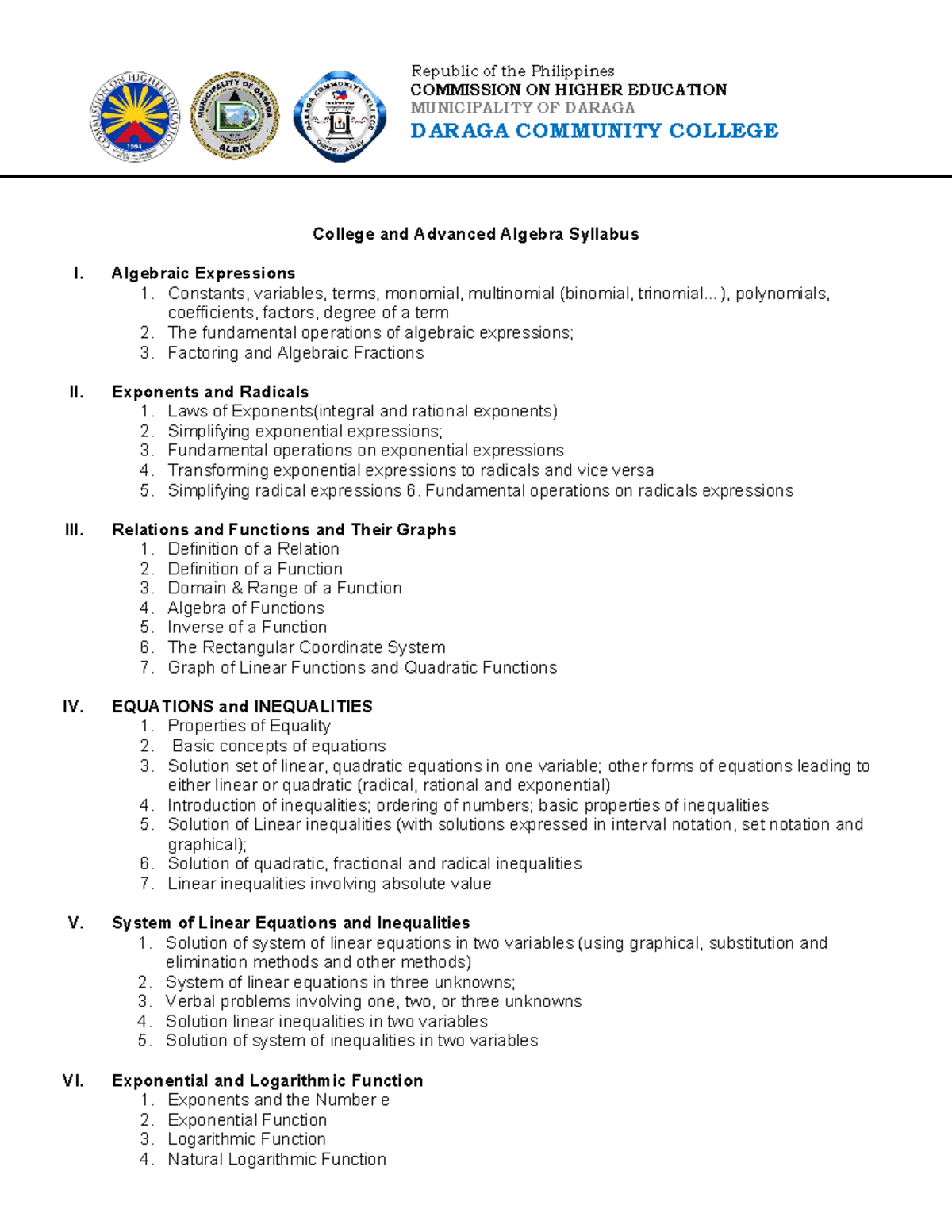 College and Advanced Algebra Syllabus - Daraga Community College - Studocu