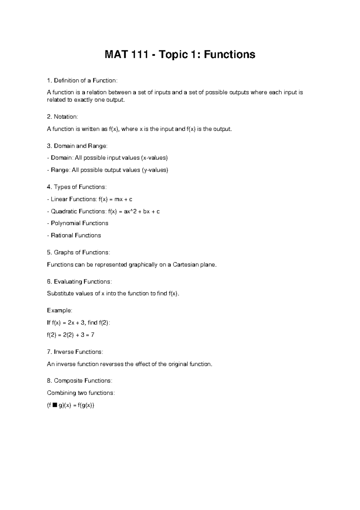 MAT111 Topic 1: Understanding Functions and Their Properties - Studocu