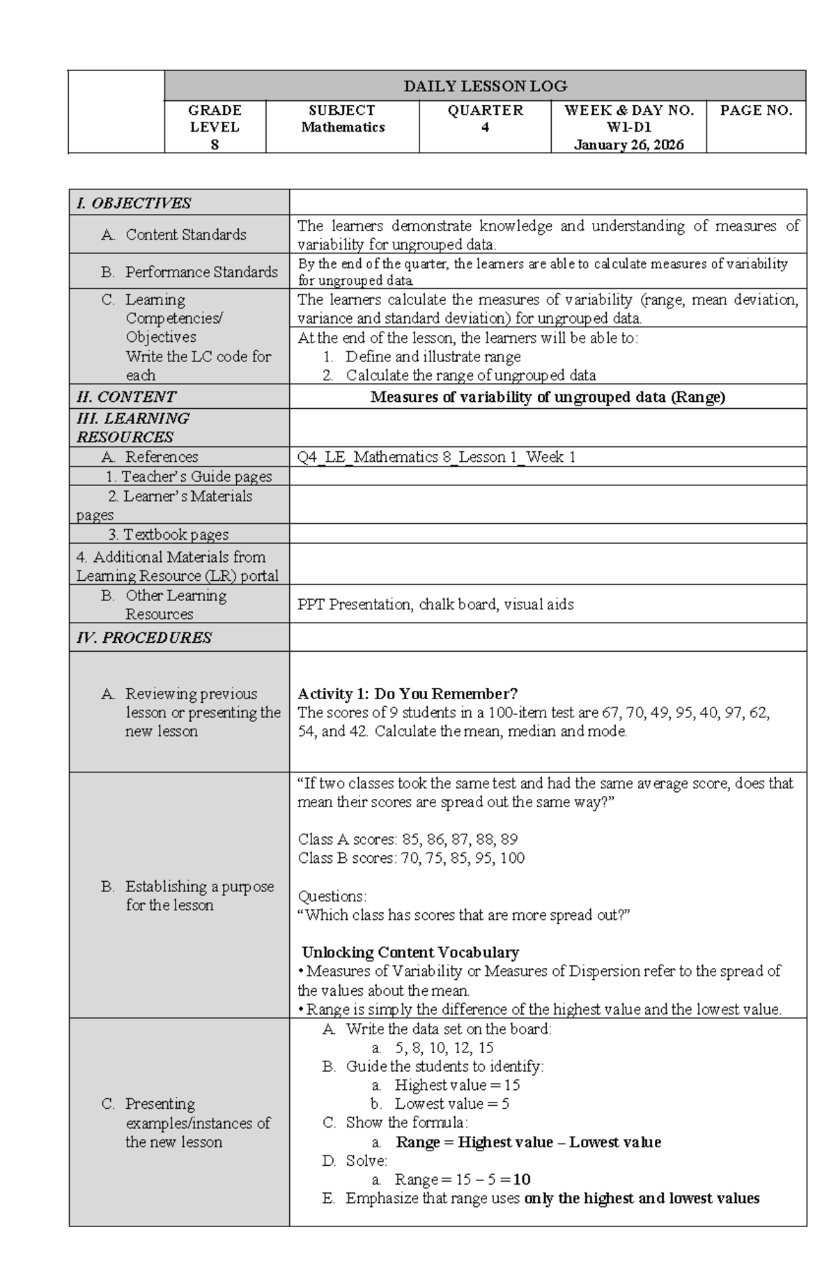 MATH 8 DLP - Q4-W1-DAY 1 - Lesson on Measures of Variability - Studocu