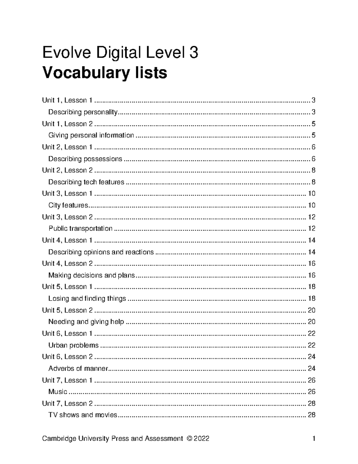 Evolve Digital Level 3 Vocabulary Lists for Lessons 1-12 - Studocu