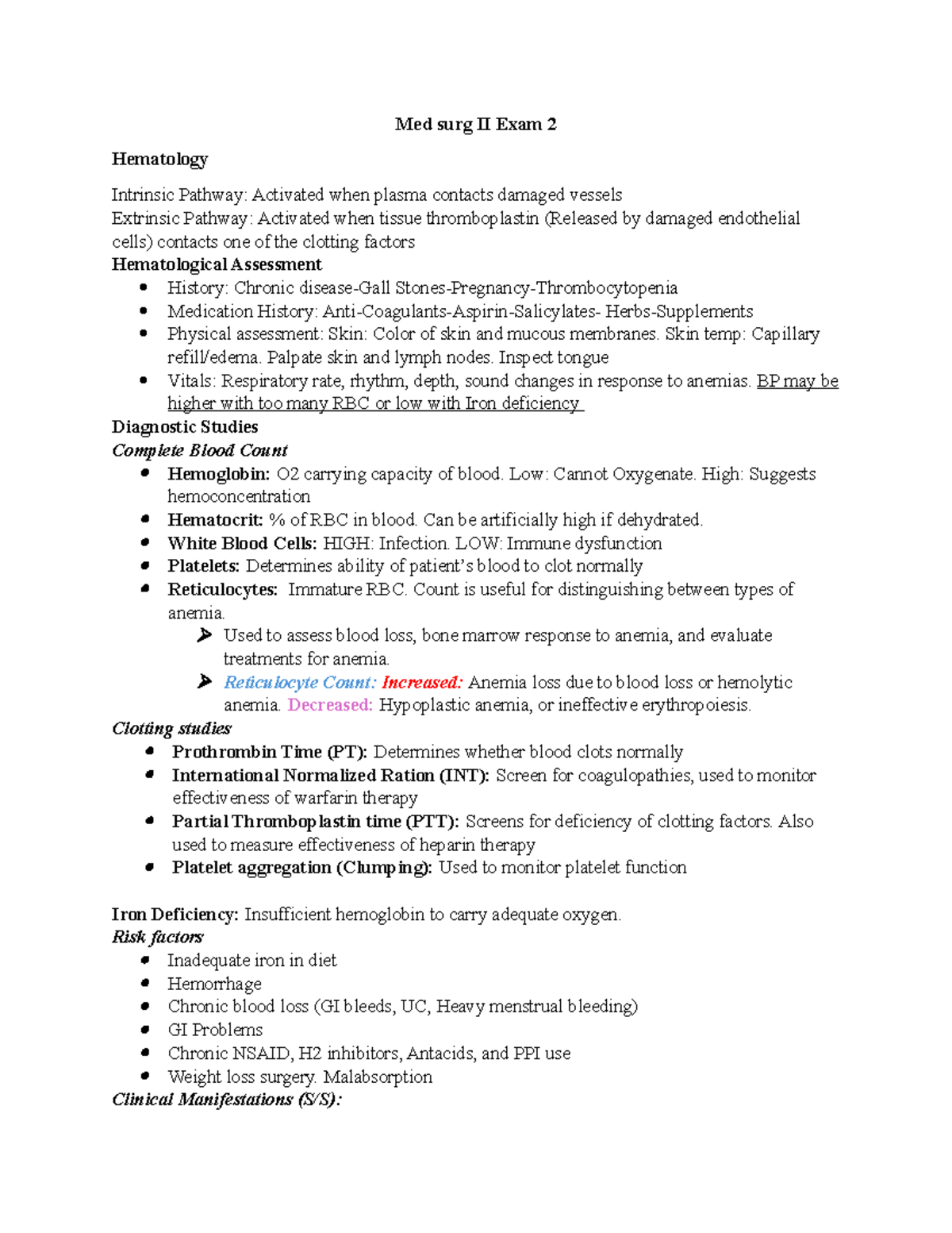 Med Surg II Exam 2 Study Guide: Hematology & Renal Disorders - Studocu