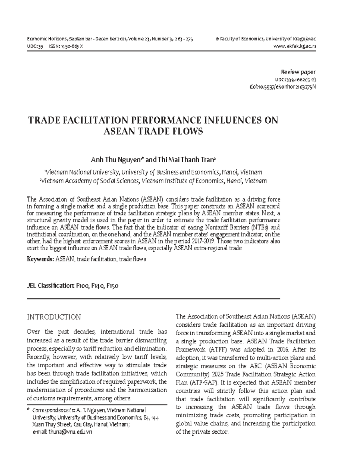 Trade Facilitation Performance Influence on ASEAN Trade Flows (ECO 2021 ...