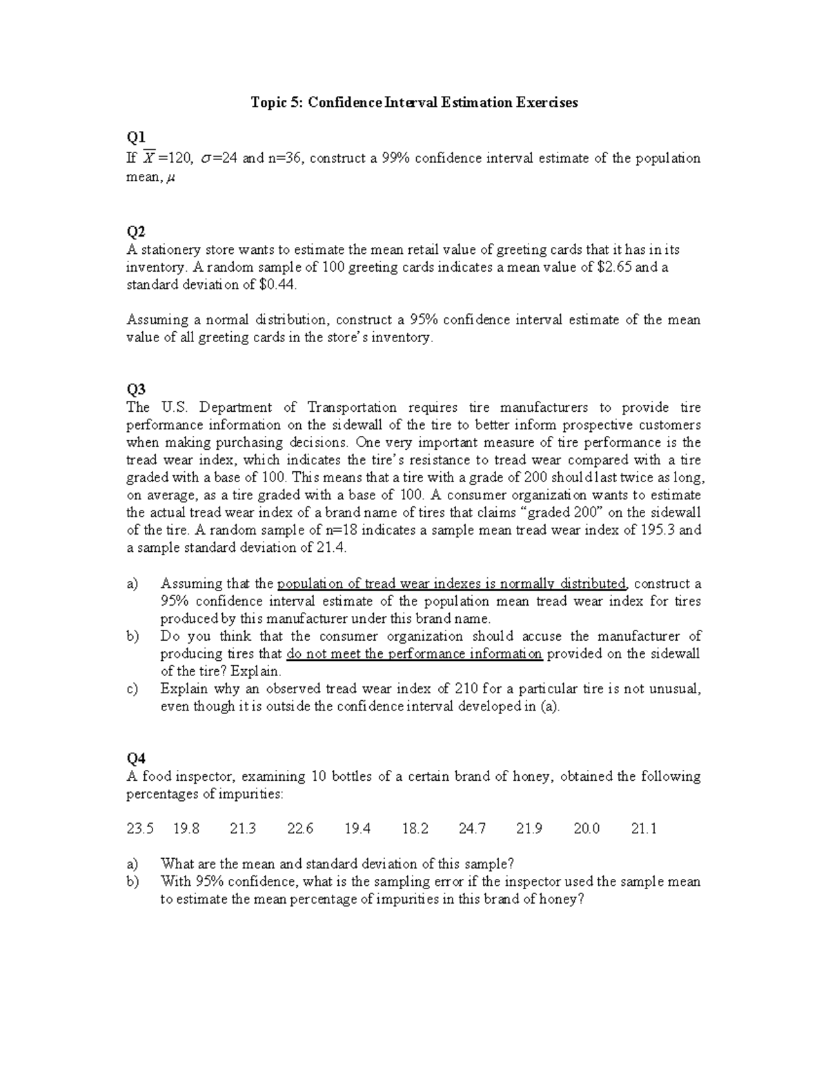 CB 2200 Topic 5: Confidence Interval Estimation Exercises - Studocu