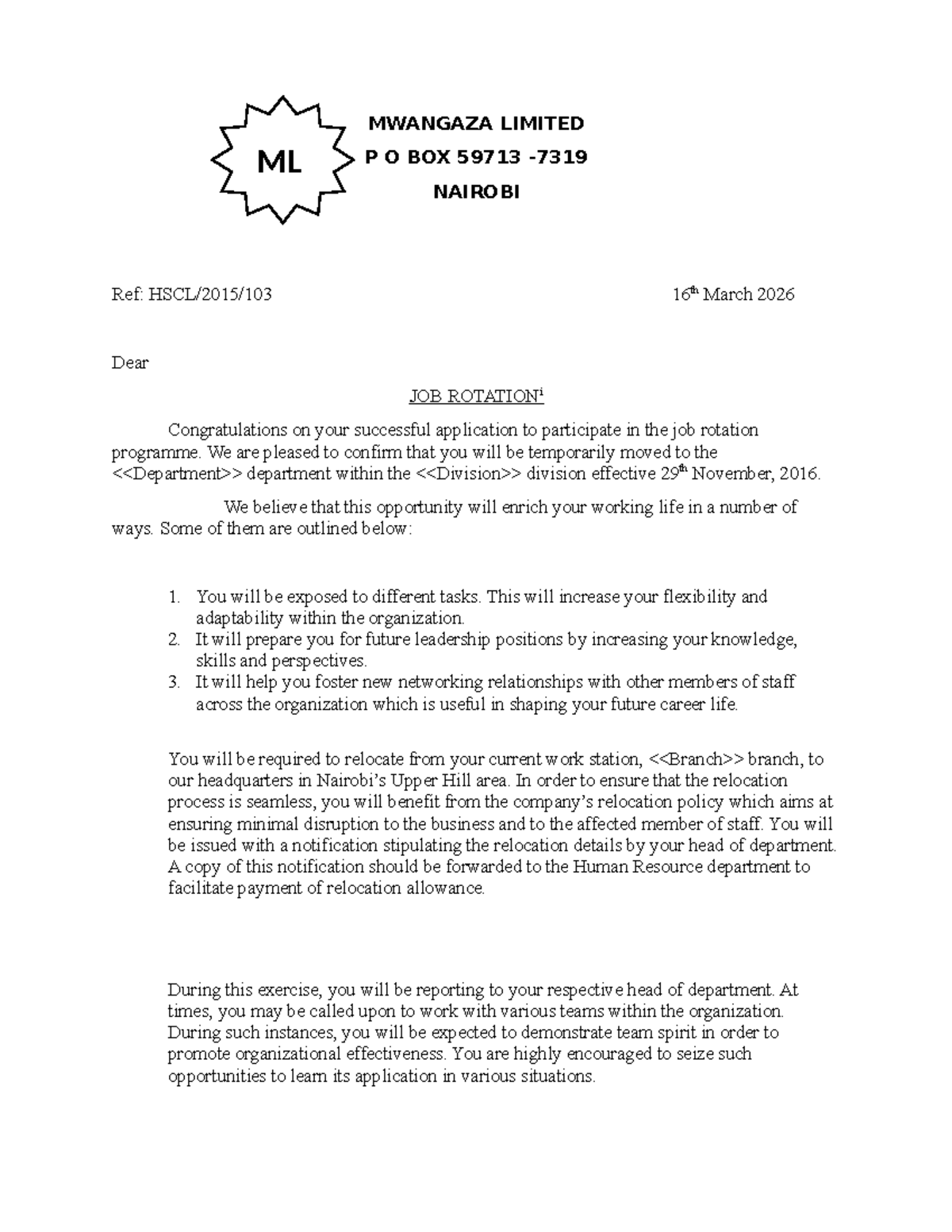 Mwangaza Limited Job Rotation Confirmation Letter - ML 2026 - Studocu