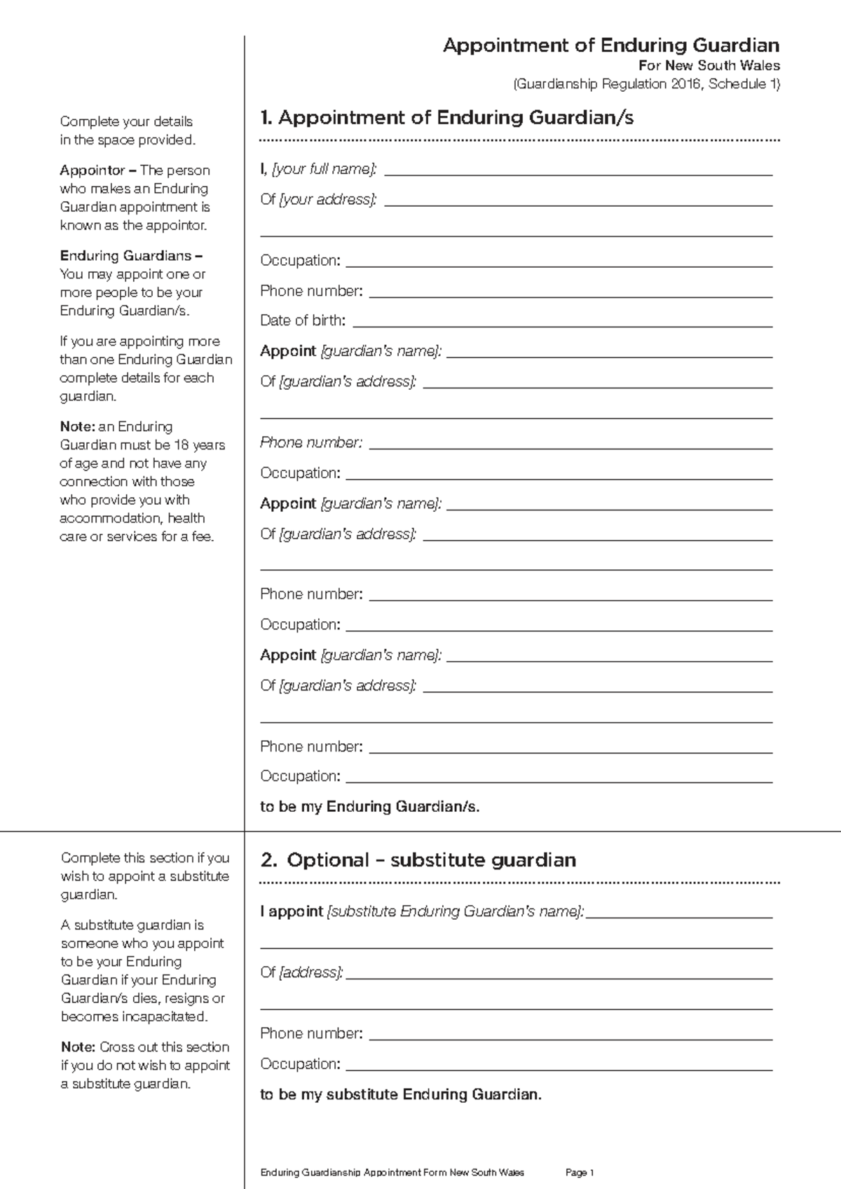 Enduring Guardianship Appointment Form - NSW Guidelines and Checklist ...