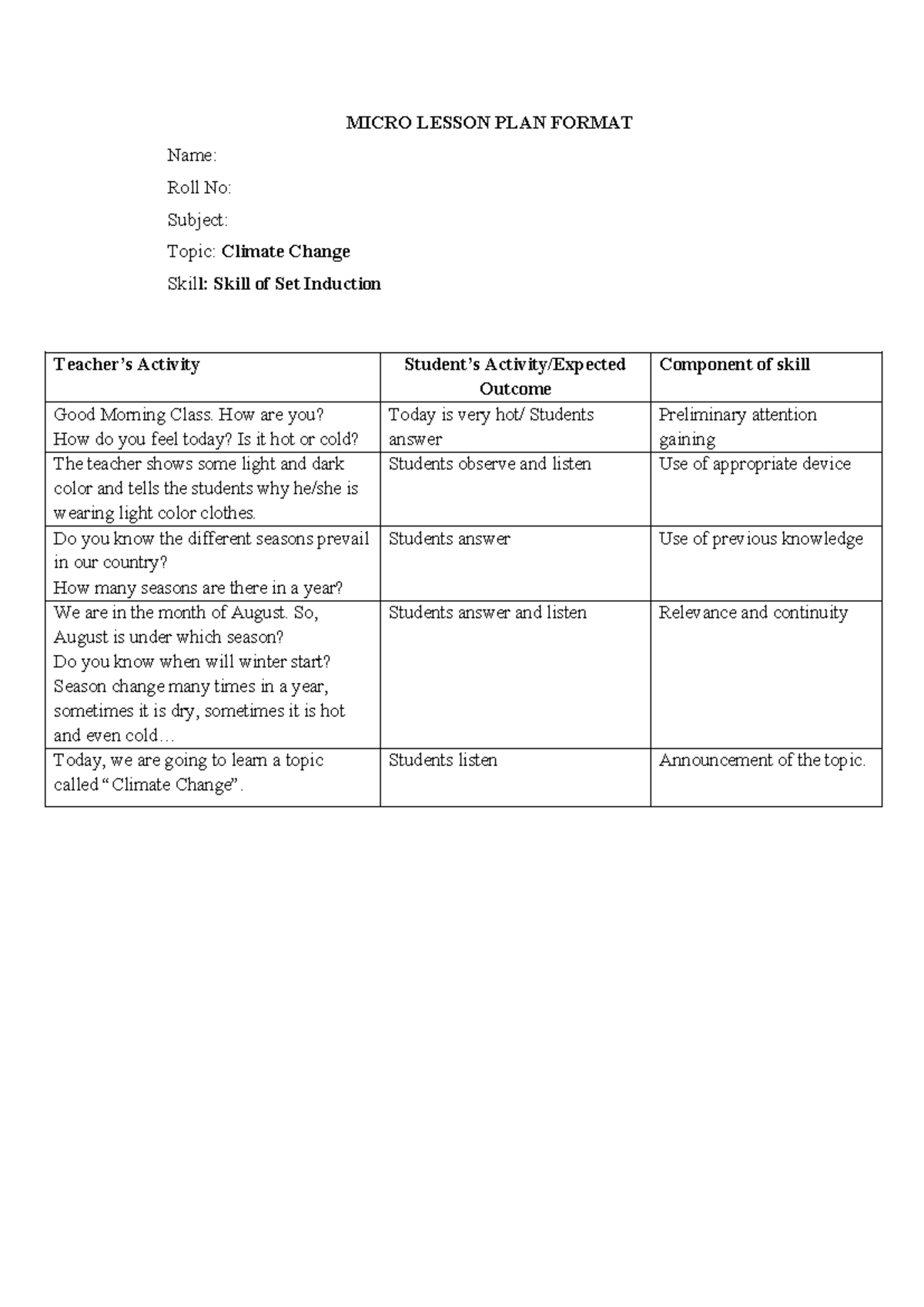 MICRO LESSON PLAN FORMAT: Climate Change Induction Activity - Studocu