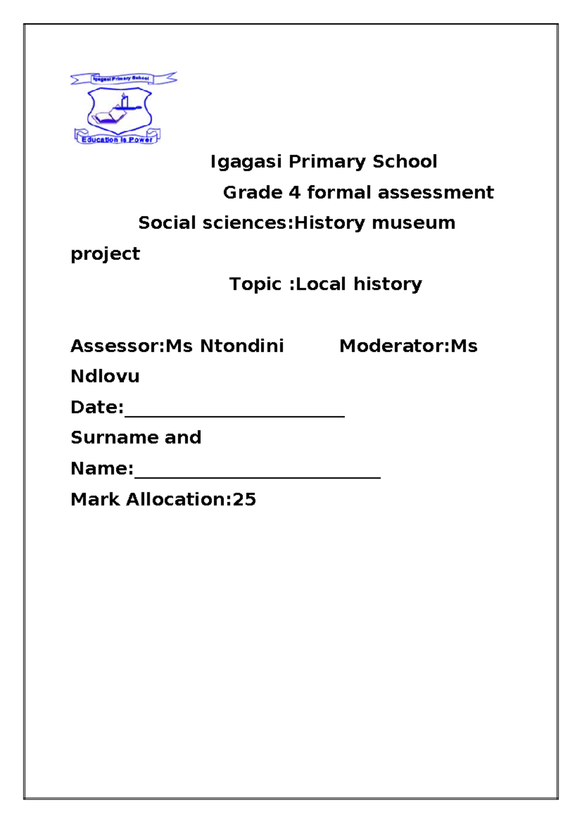 Grade 4 Social Sciences History Project: Local Museum Display ...