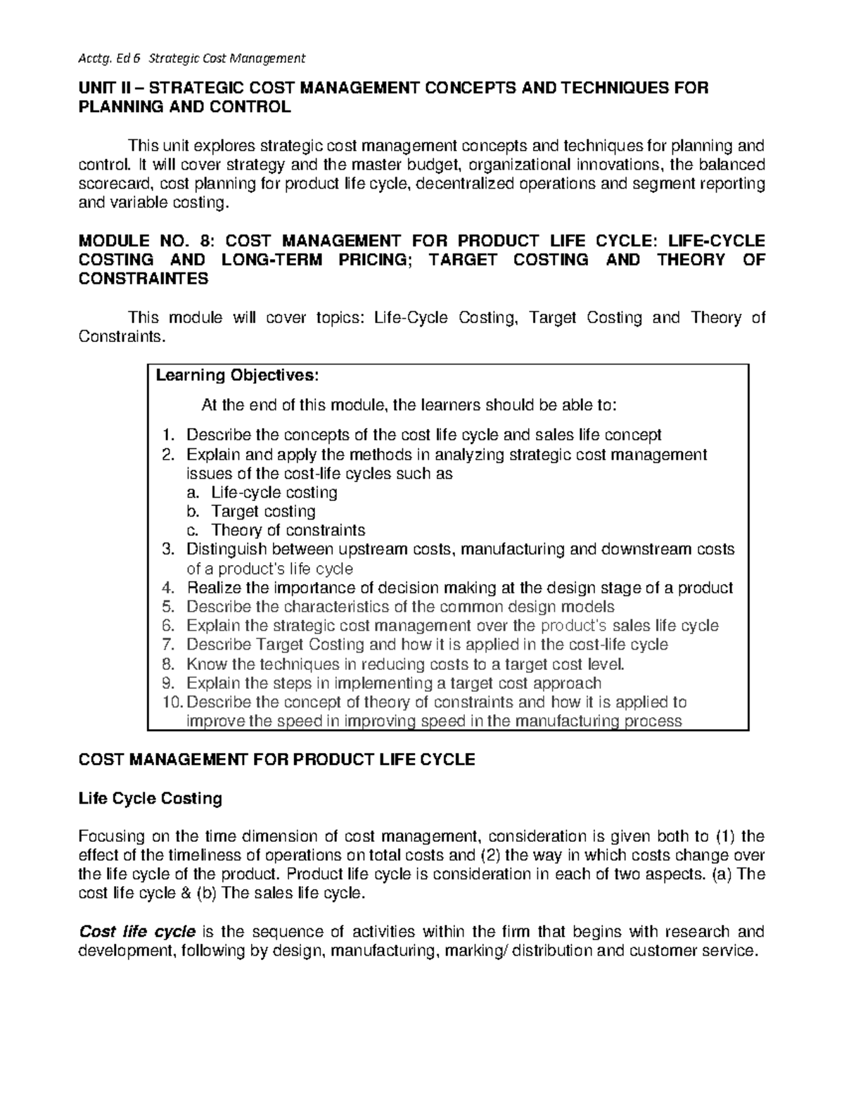Cost Management for Product Life Cycle (MODULE 8): Lifecycle & Target ...