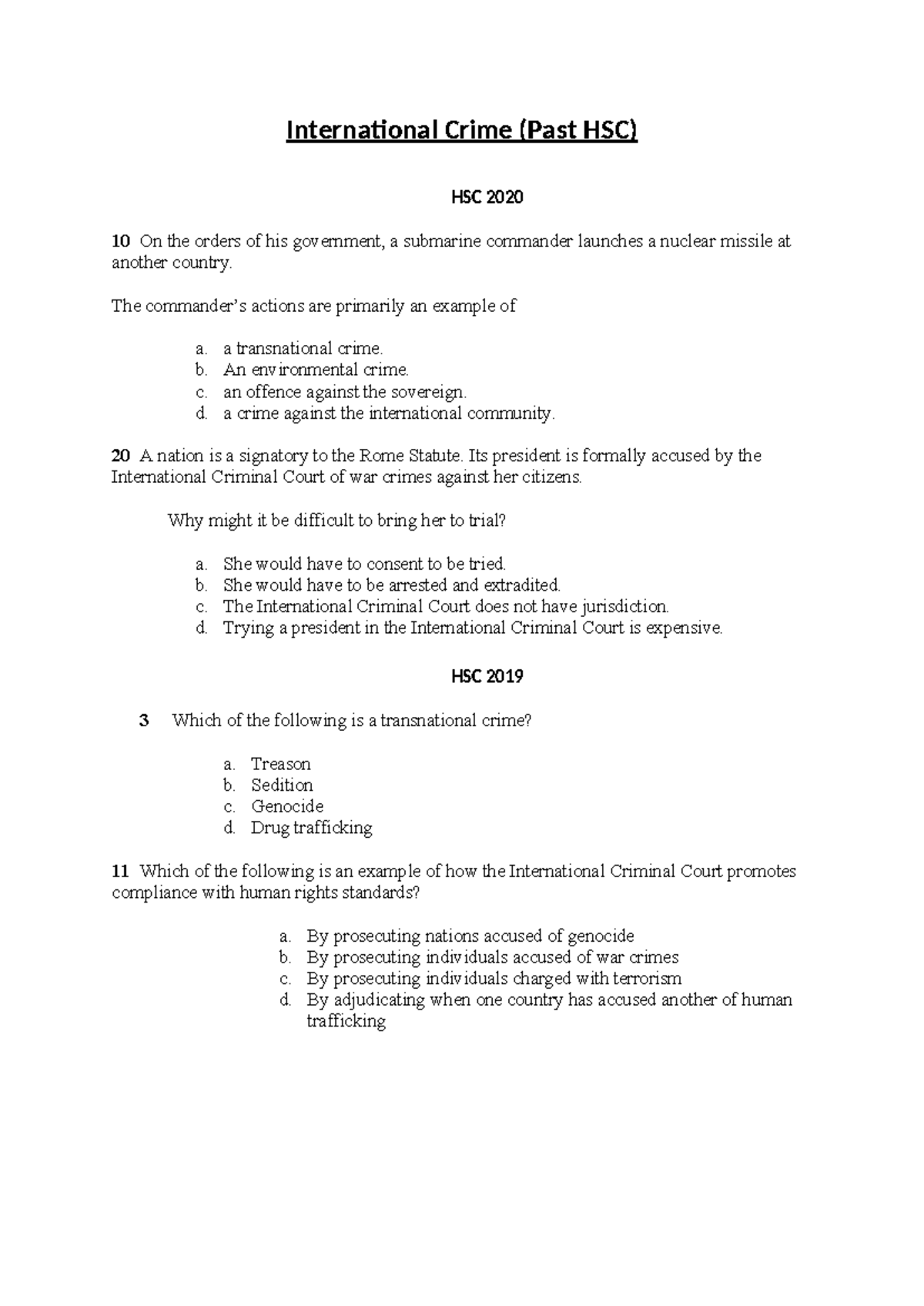 HSC Multiple Choice Questions on International Crime Analysis - Studocu