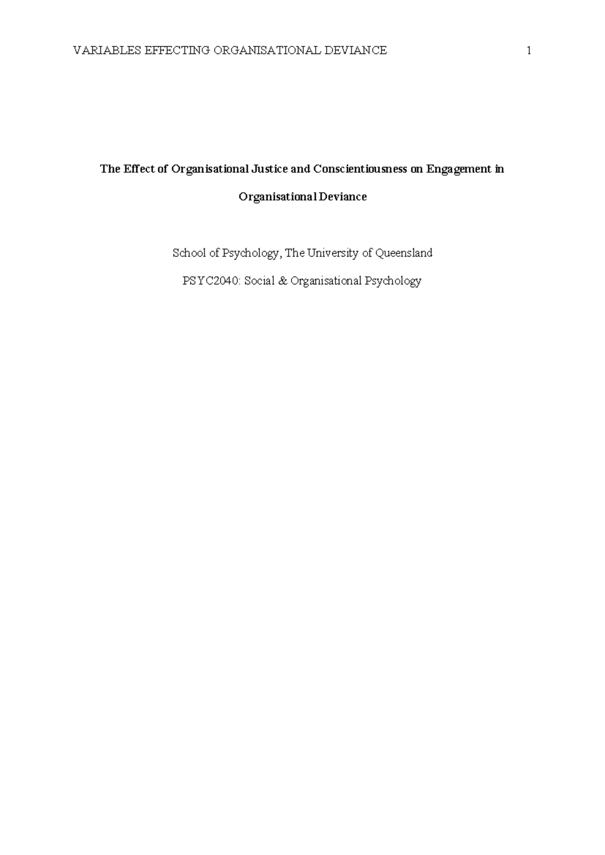 PSYC2040: Organisational Deviance Research Report on Justice ...