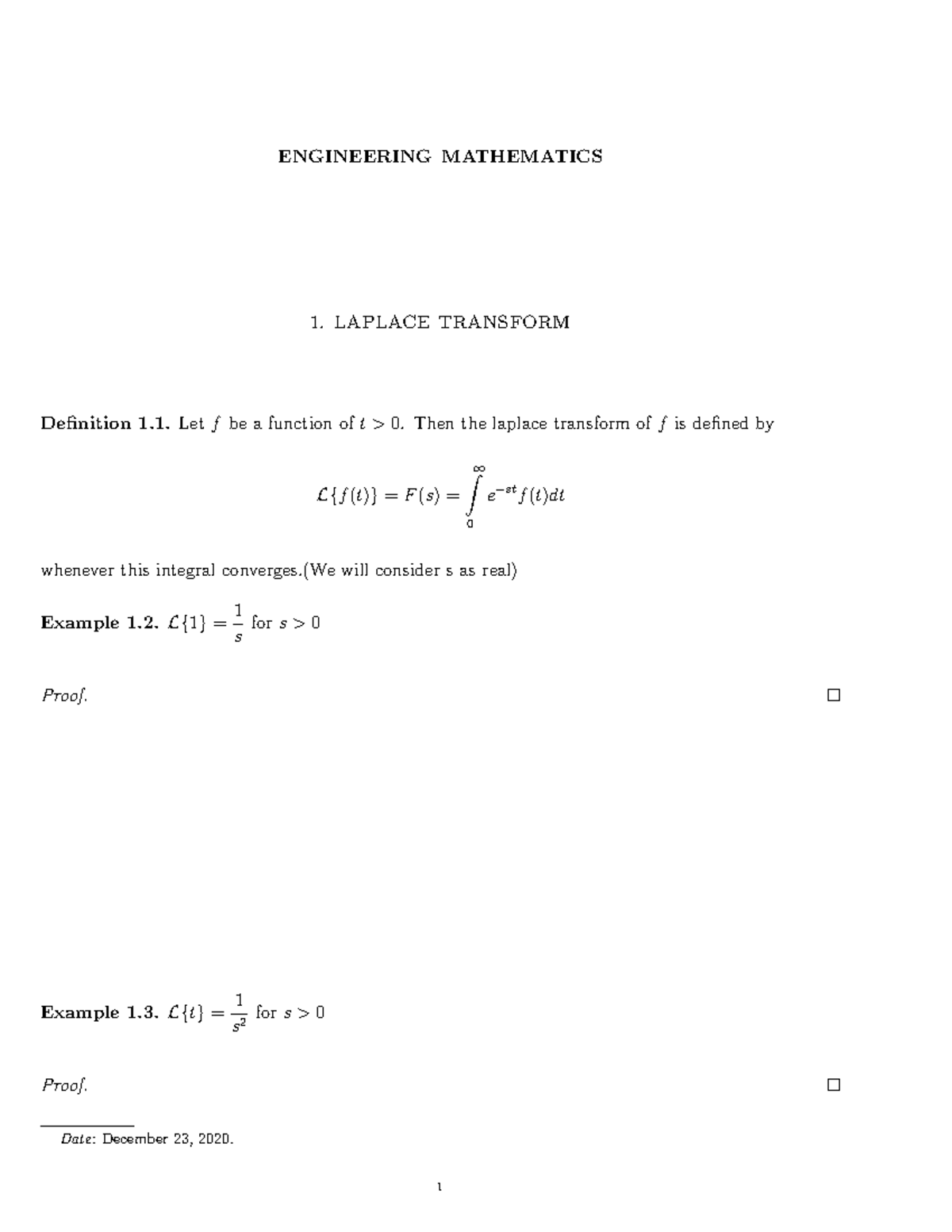 ENGG MATH 1: LAPLACE TRANSFORM Concepts & Examples - Studocu