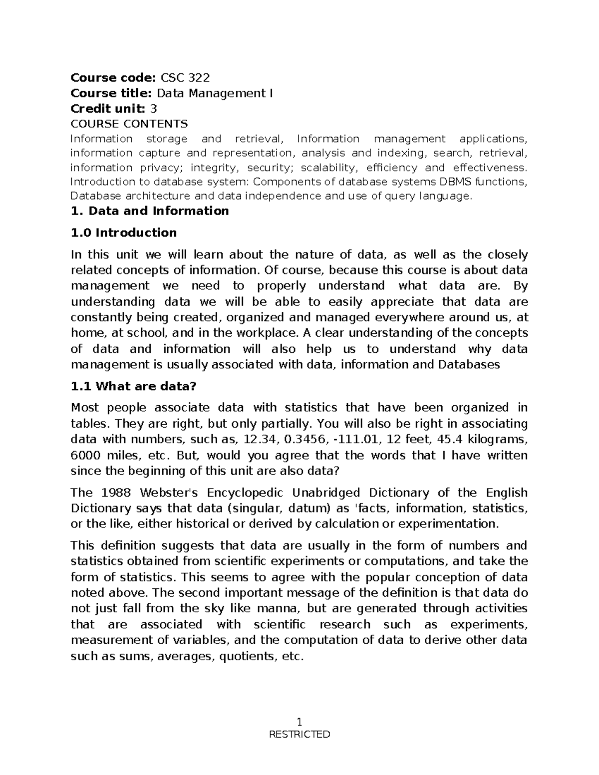 Data Management I - CSC 322: Data Security & Introduction to DBMS - Studocu