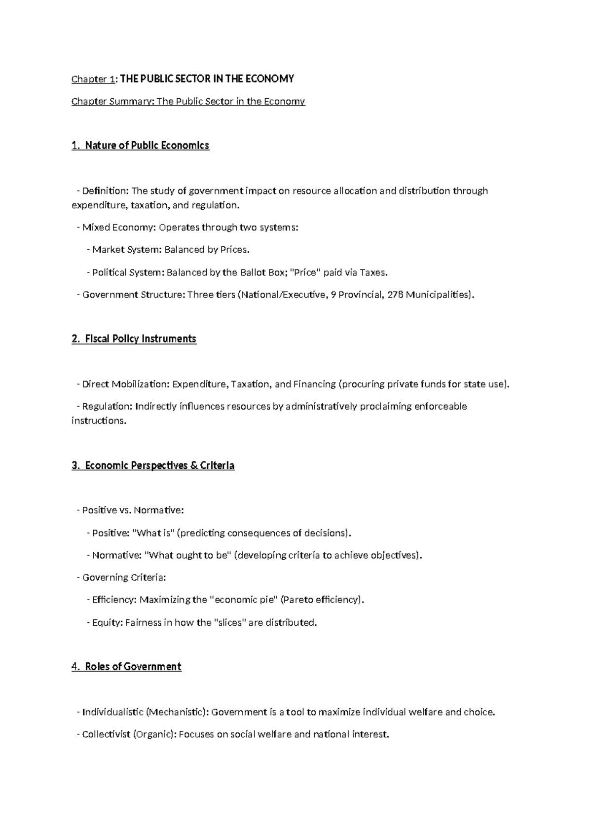 C1 ECON314 - Summary of Chapter 1: The Public Sector in the Economy ...