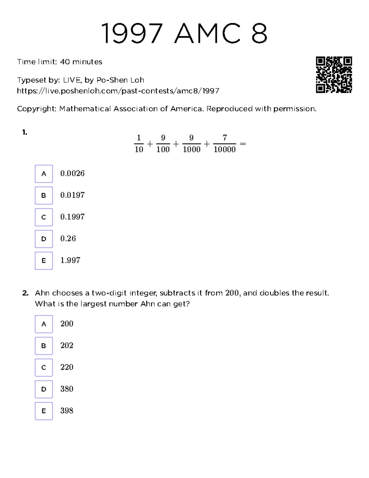 1997 AMC 8 Practice Exam Solutions and Questions - Studocu
