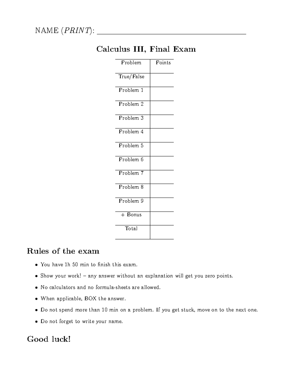 Calculus 3 (Calc3) Final Exam Practice Problems - Studocu