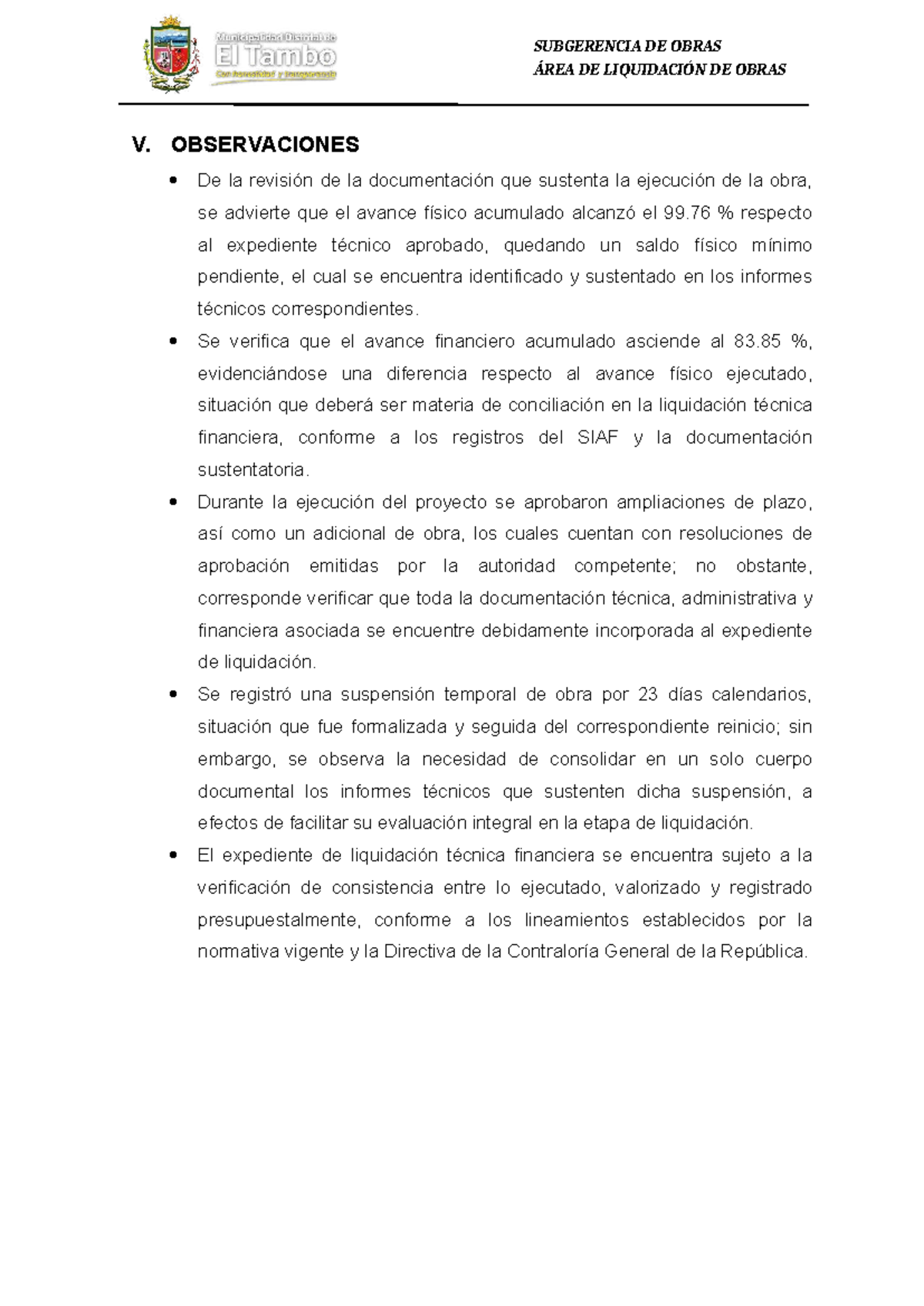 Observaciones, Conclusiones y Recomendaciones de Liquidación de Obras - Document Preview