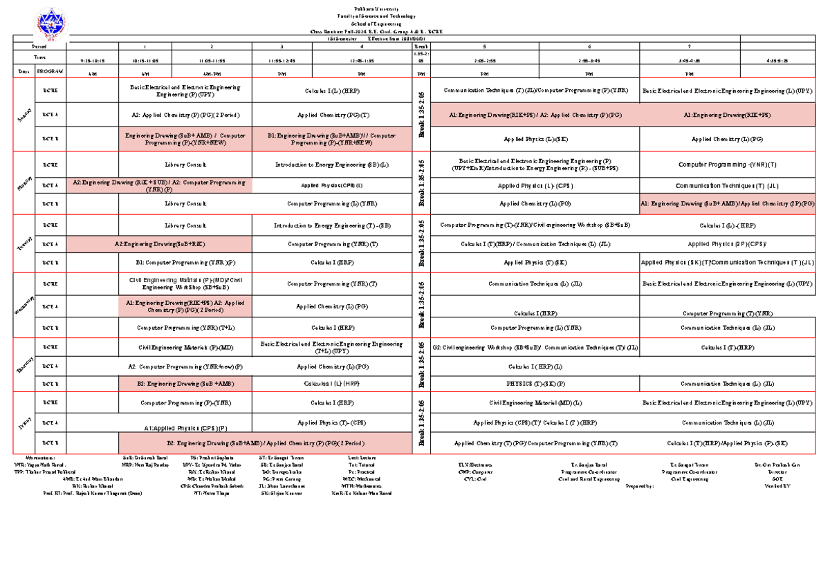 1st Semester Class Routine Fall 2024 - B. Civil Engineering (BCRE ...