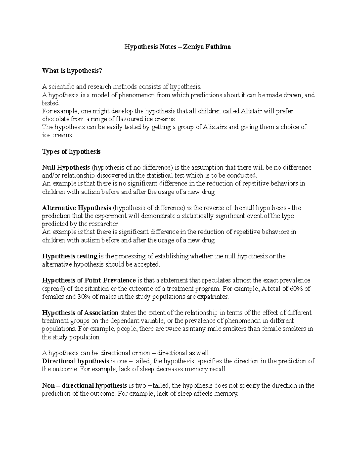 Hypothesis Notes - A hypothesis is a model of phenomenon from which ...