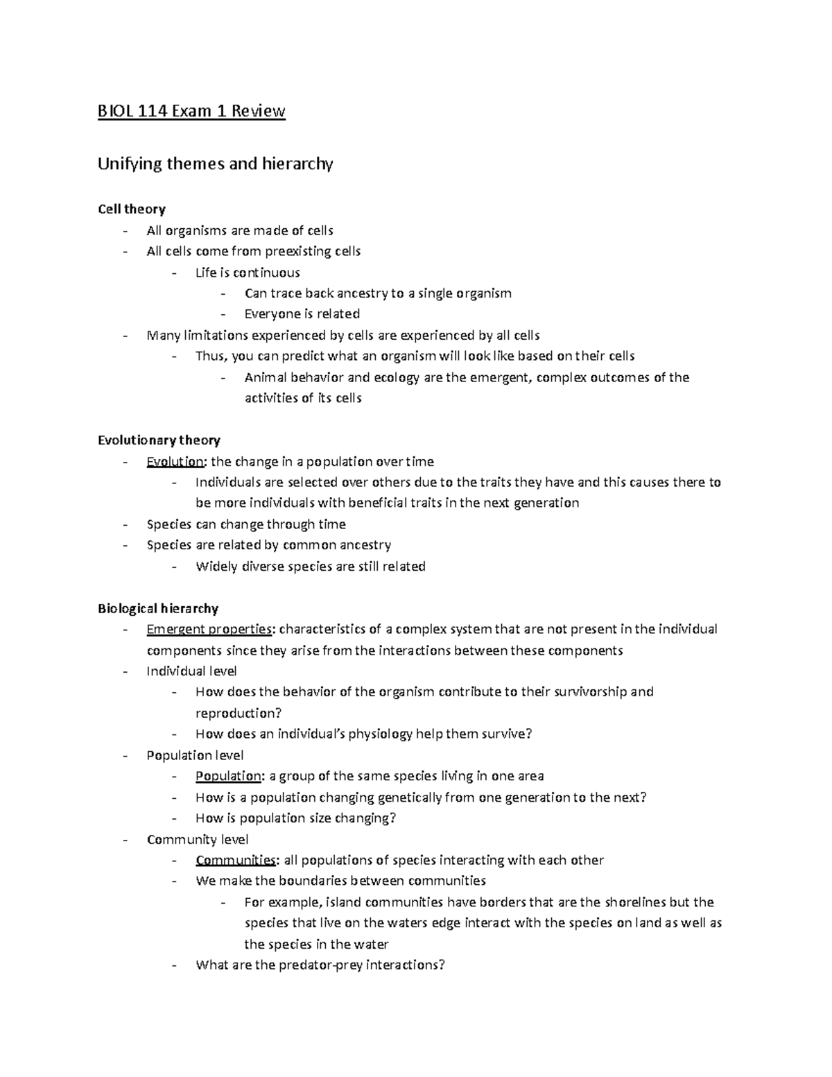 BIOL 114 Exam 1 Review: Key Concepts in Cell Theory and Evolution - Studocu