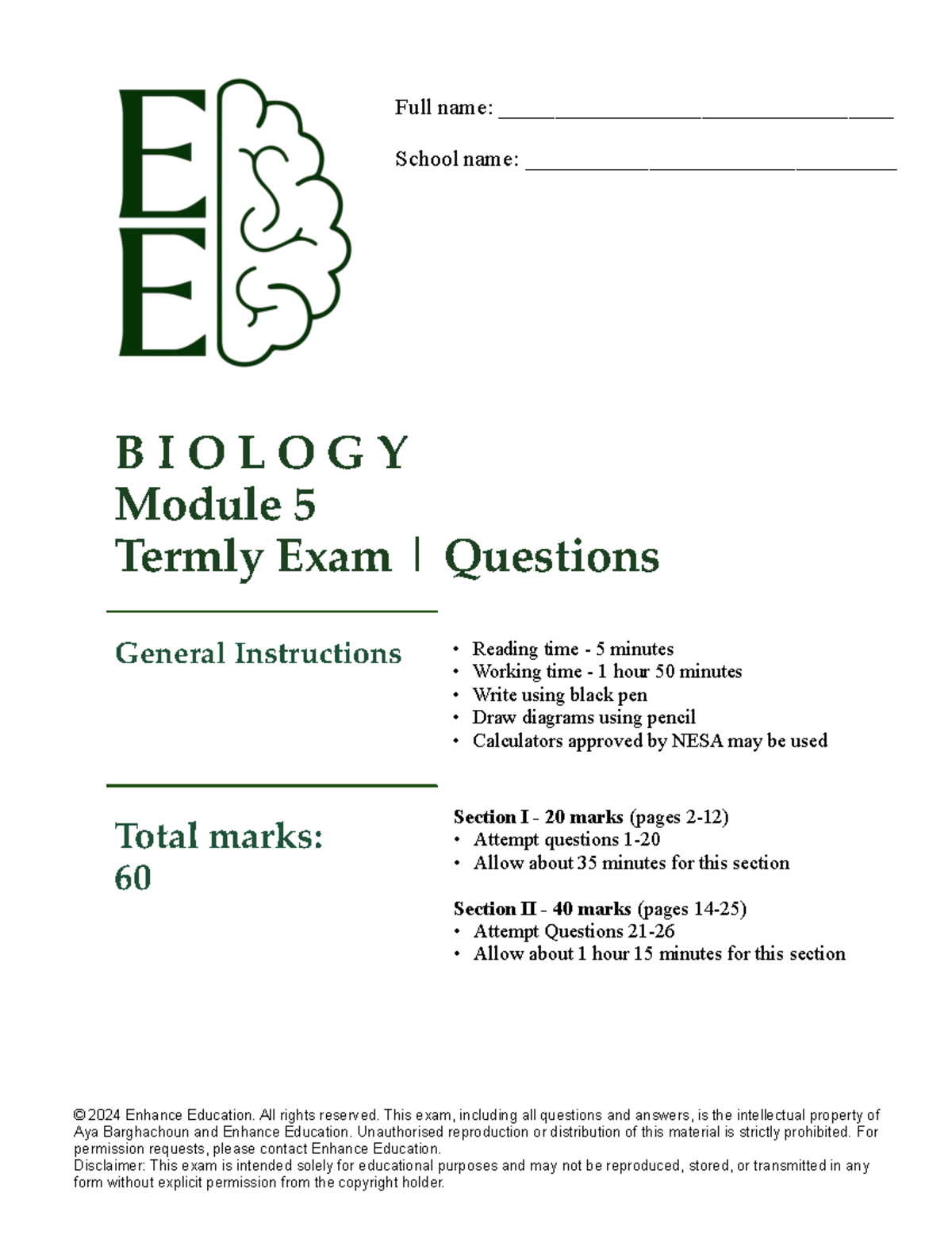 Mod 5 bio exam - ...... - Total marks: 60 General Instructions ...