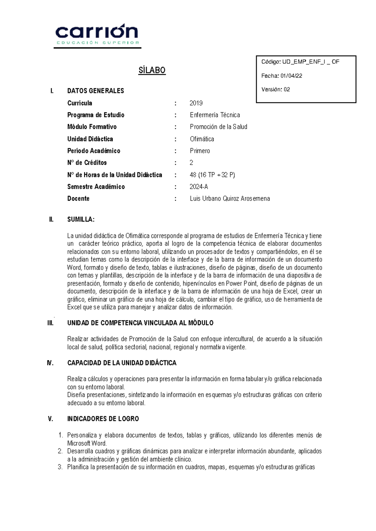 Sílabo de Ofimática - Enfermería Técnica I (2024 - A) - Document Preview