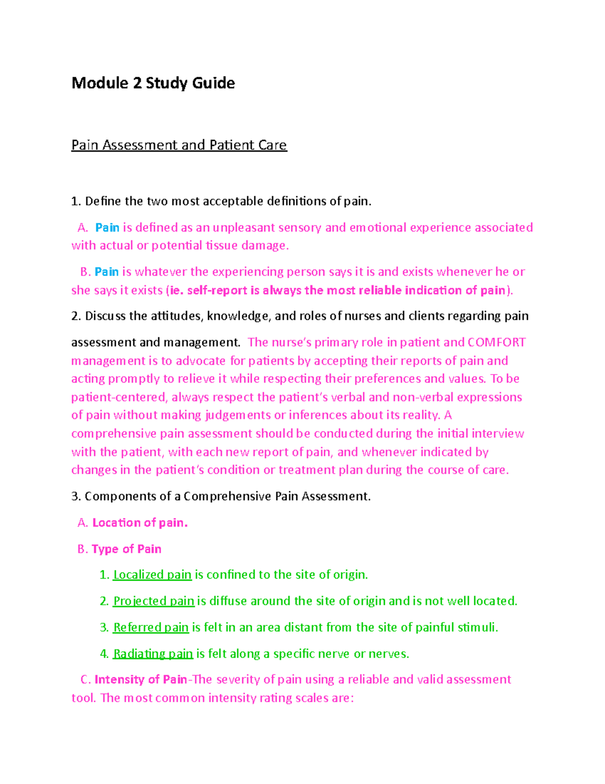 Module 2 Study Guide Pain Assessment - A. Pain is defined as an ...