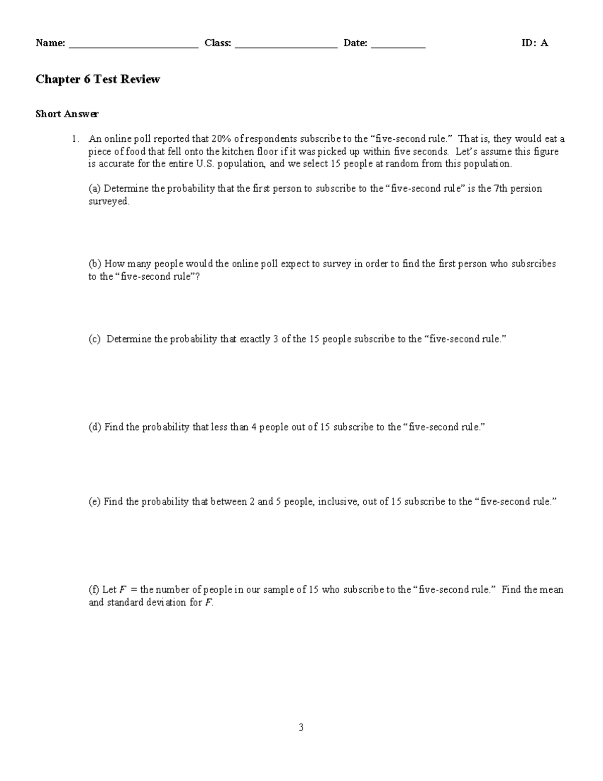 Chapter 6 Test Review: Probability and Random Variables Analysis - Studocu