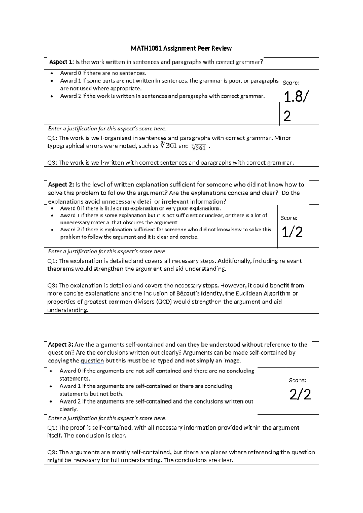 MATH1081 Peer Review - MATH1081 Assignment Peer Review Score: 1/ 2 Q1 ...