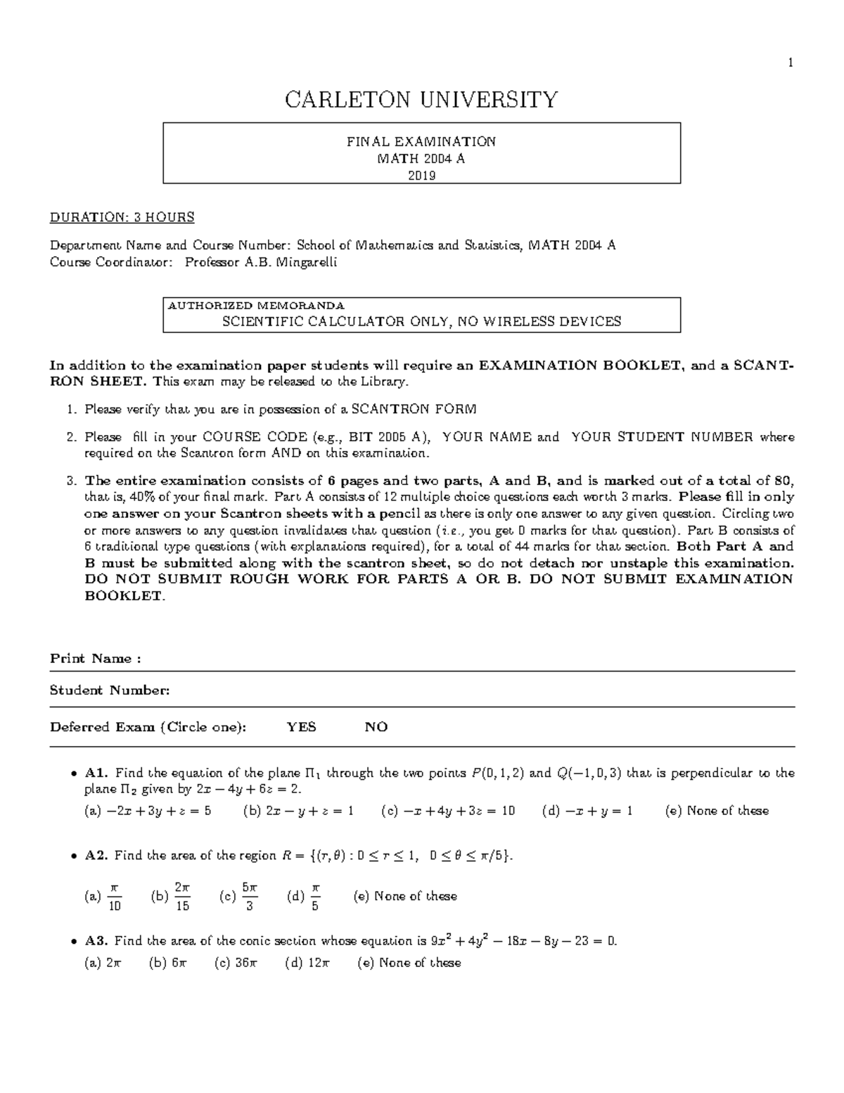 Final Exam MATH 2004 A Winter 2019 - Complete Guide - Studocu