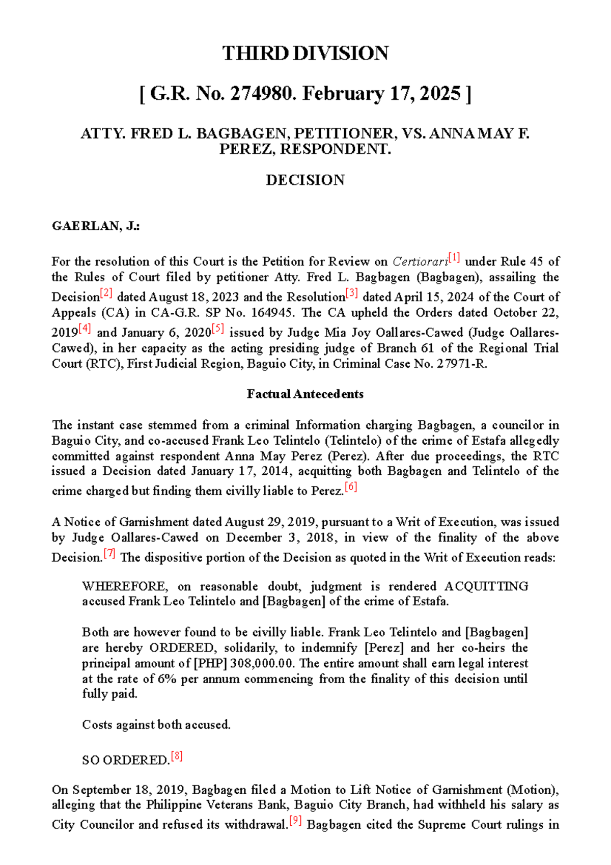 G.R. No. 274980: Atty. Fred L. Bagbagen vs. Anna May F. Perez Decision ...