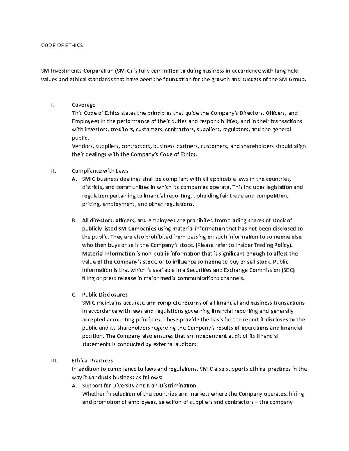SMIC Code of Ethics Discussion: Principles and Practices Overview - Studocu
