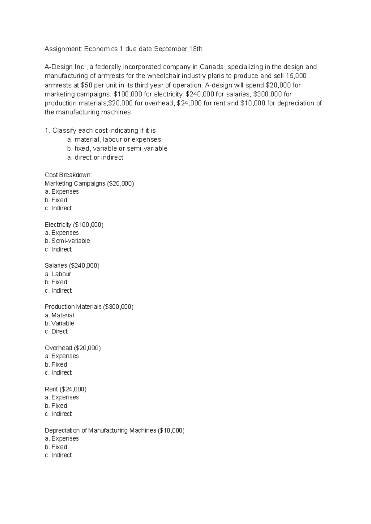 Assignment Economics 1: Cost Classification and Analysis - Studocu