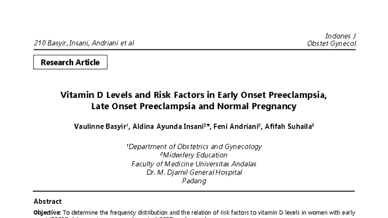 Vitamin D Levels and Risk Factors in Preeclampsia: A Study on EOSPE and ...