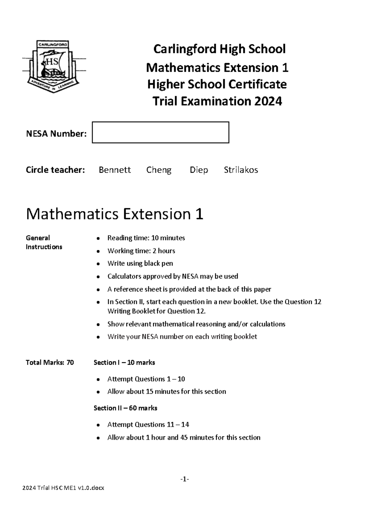 2024 HSC Trial ME1 Exam Paper with Solutions and Guidance - Studocu
