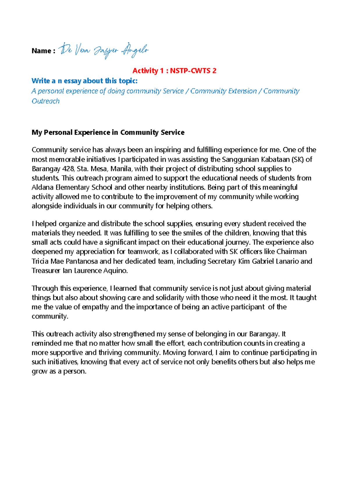 Personal Experience in Community Service - NSTP-CWTS 2 Essay - Studocu