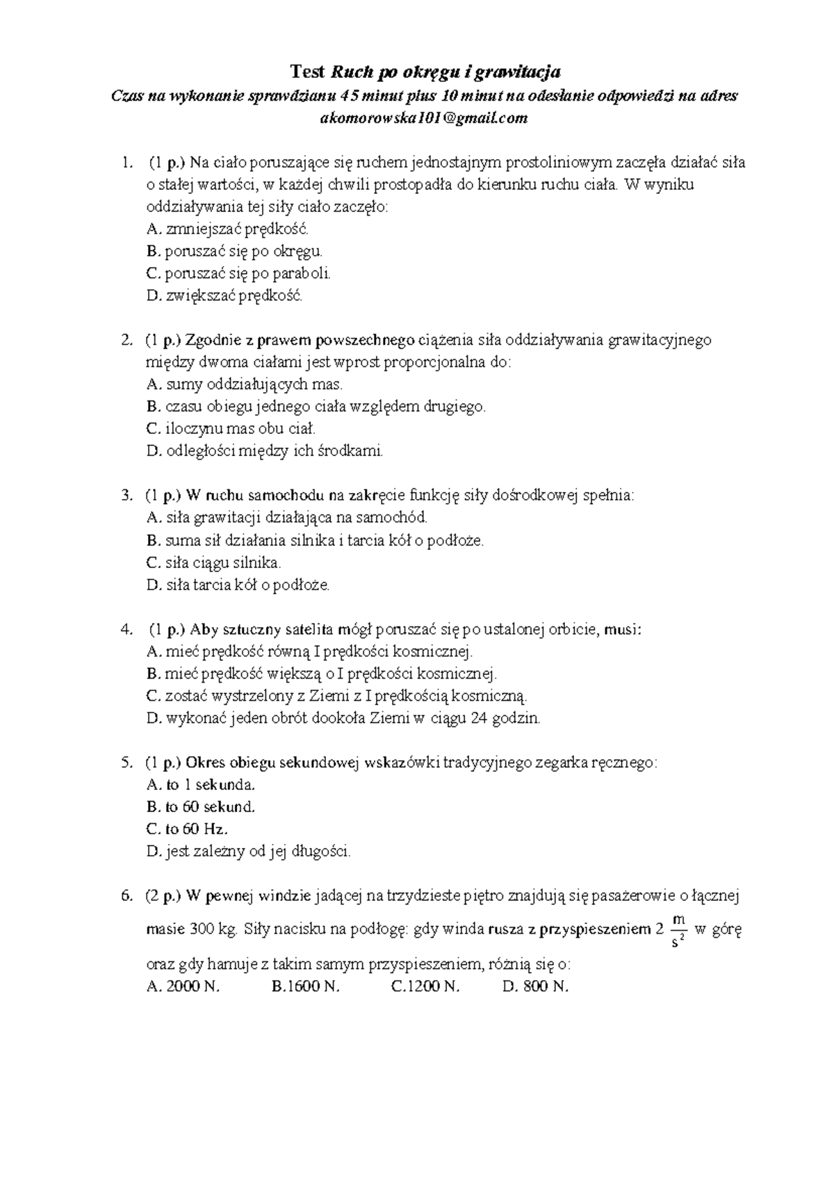 Sprawdzian Z Grawitacji W Kalsie 1 Technikum