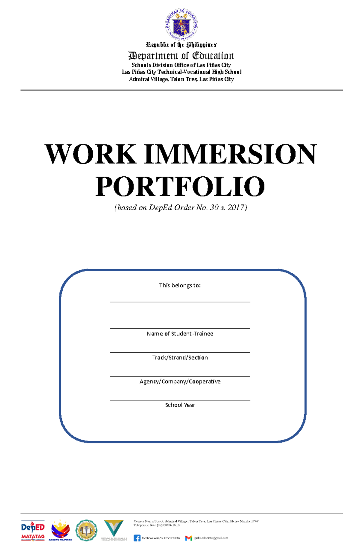 SHS Work Immersion Portfolio: Guidelines & Activities (DepEd Order No ...