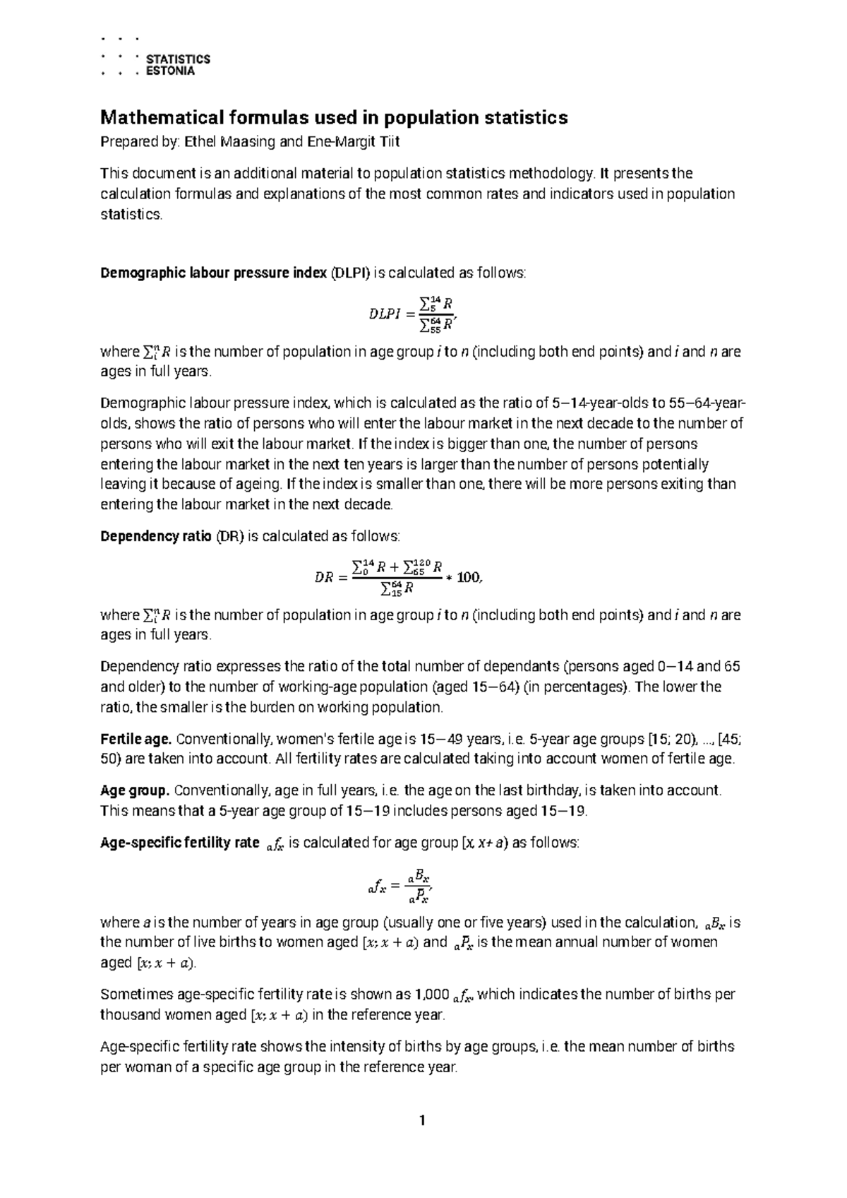 Mathematical Formulas for Population Statistics Methodology - Studocu