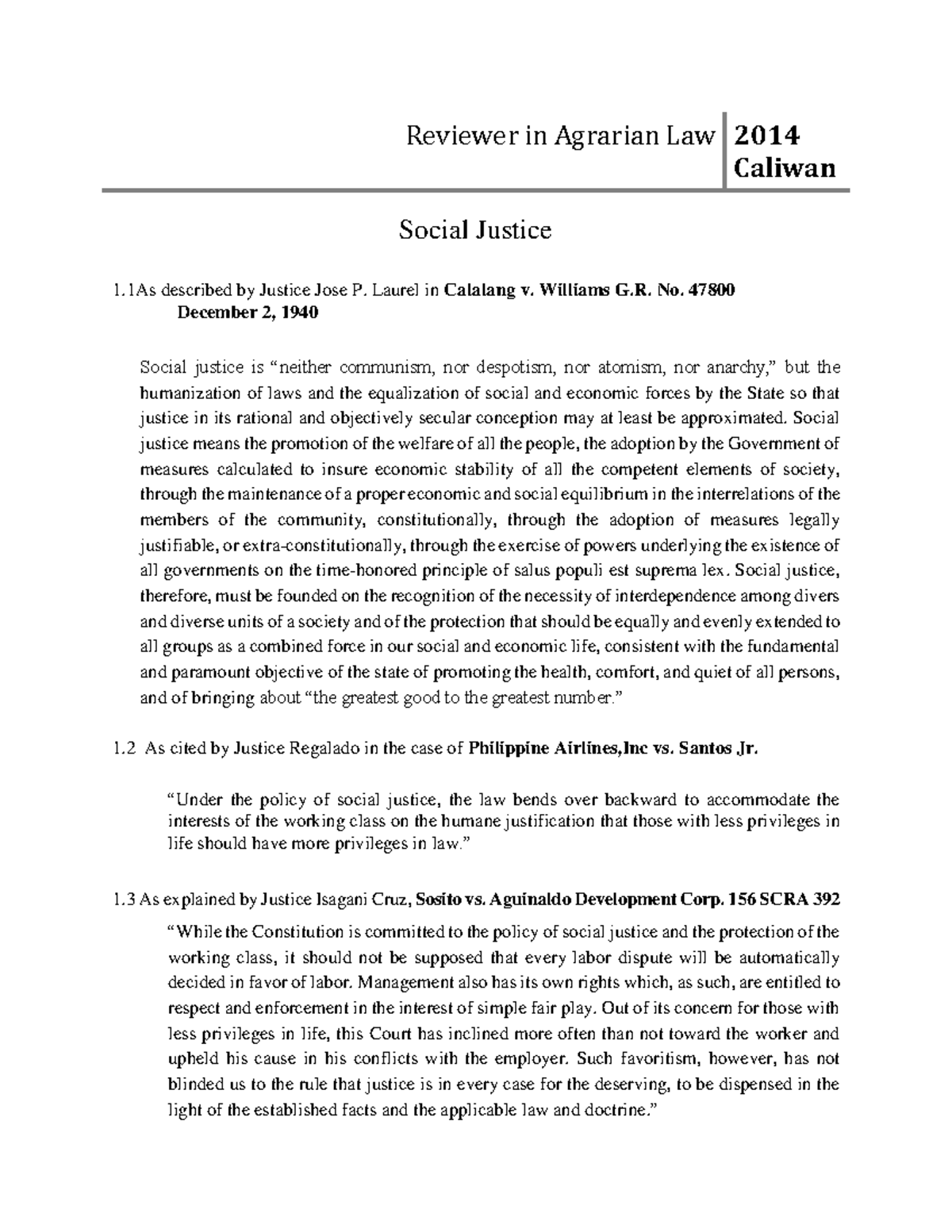 Agrarian Law Reviewer 2014: Insights on Social Justice and Reform - Studocu