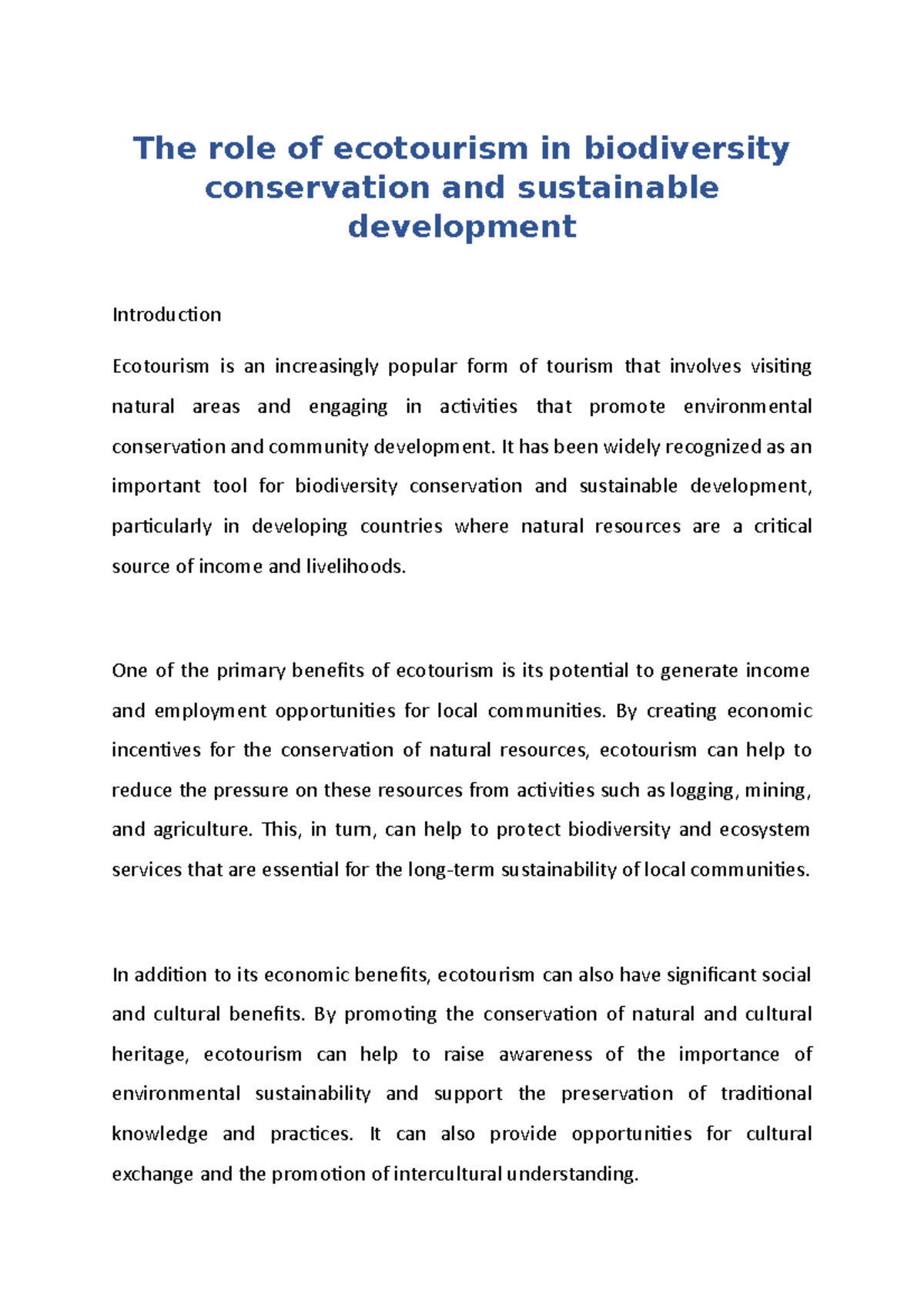 The Impact of Ecotourism on Biodiversity & Sustainable Dev. - Studocu