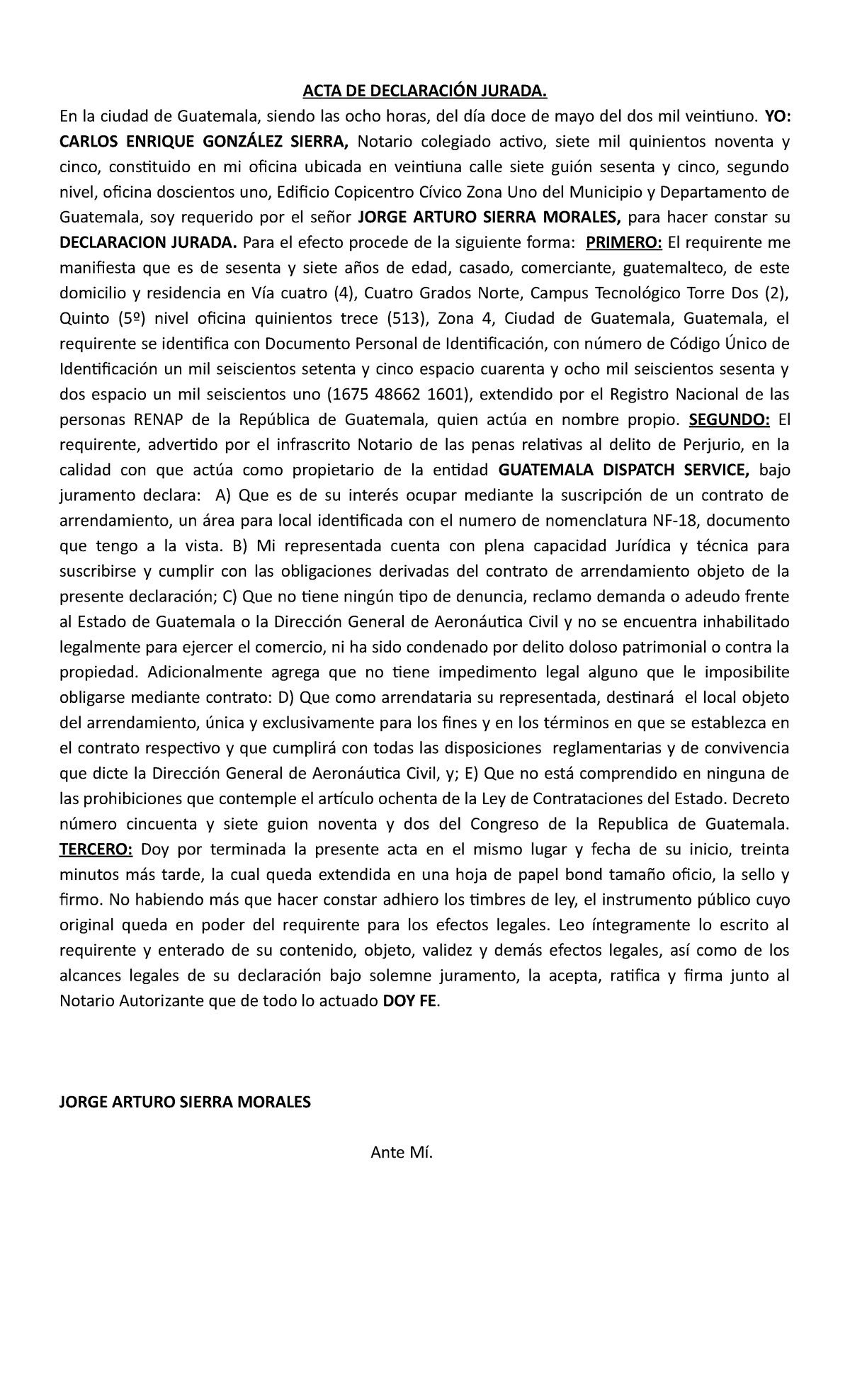 ACTA DE DECLARACIÓN JURADA - GUATEMALA, 12 MAYO 2021 - Studocu