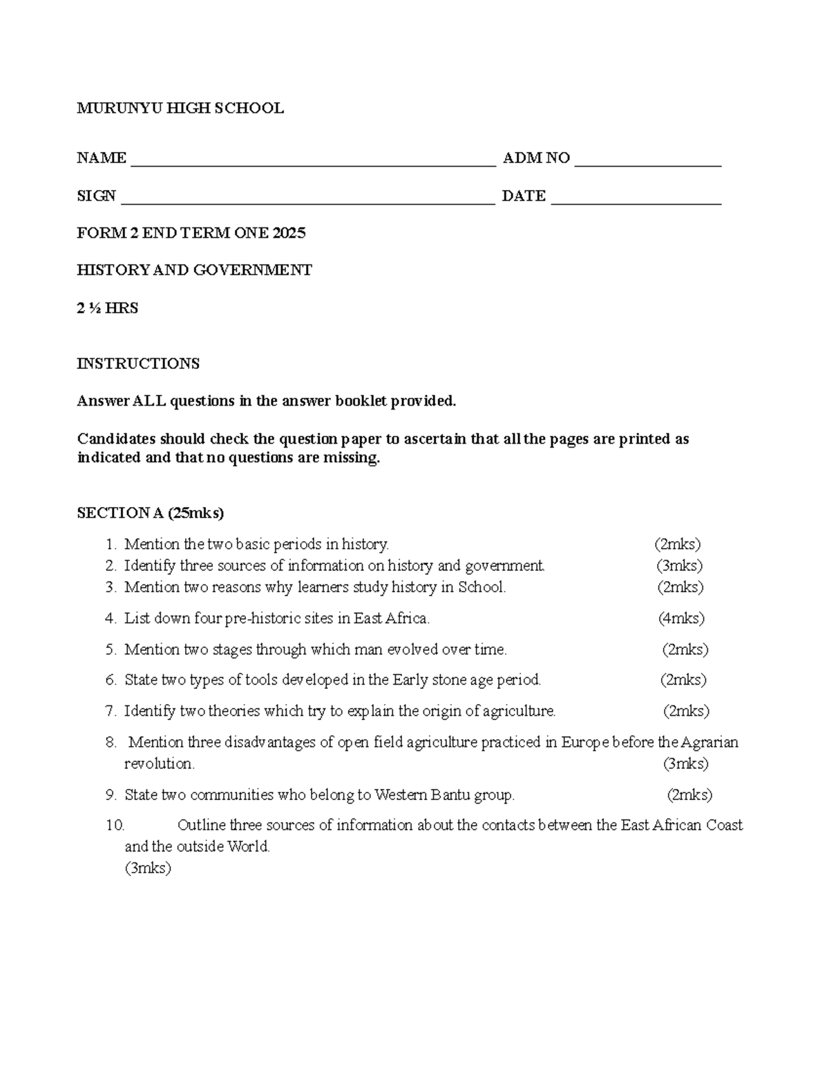 FORM TWO History END TERM 1 - MURUNYU HIGH SCHOOL NAME