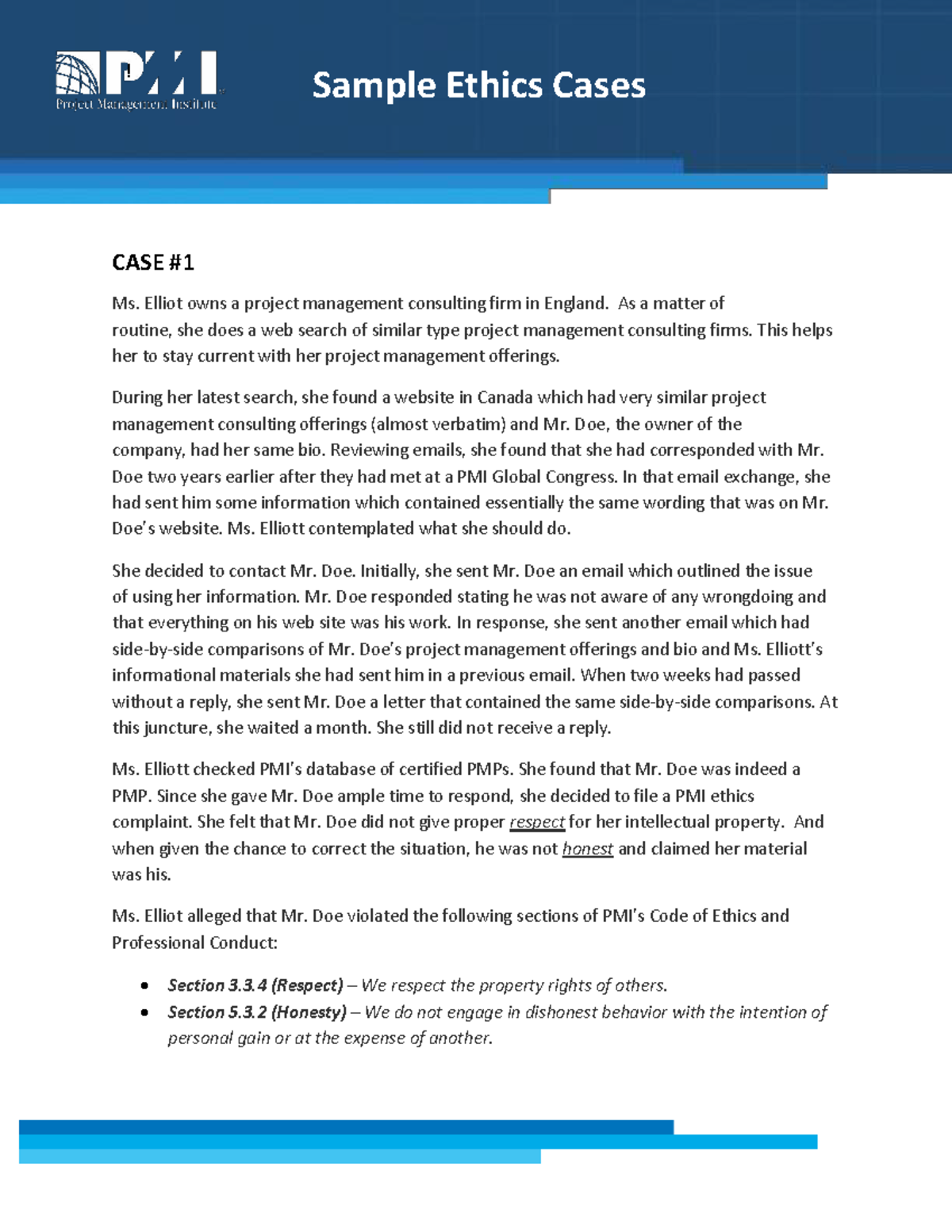 Sample-ethics-cases - fvbsfb - ! Sample Ethics Cases CASE Ms. Elliot ...