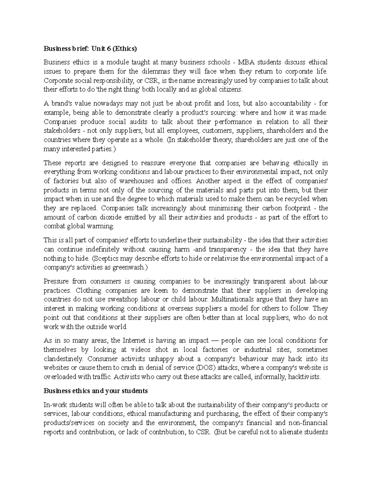 Unit 6 Business Brief: Understanding Corporate Ethics & CSR - Studocu
