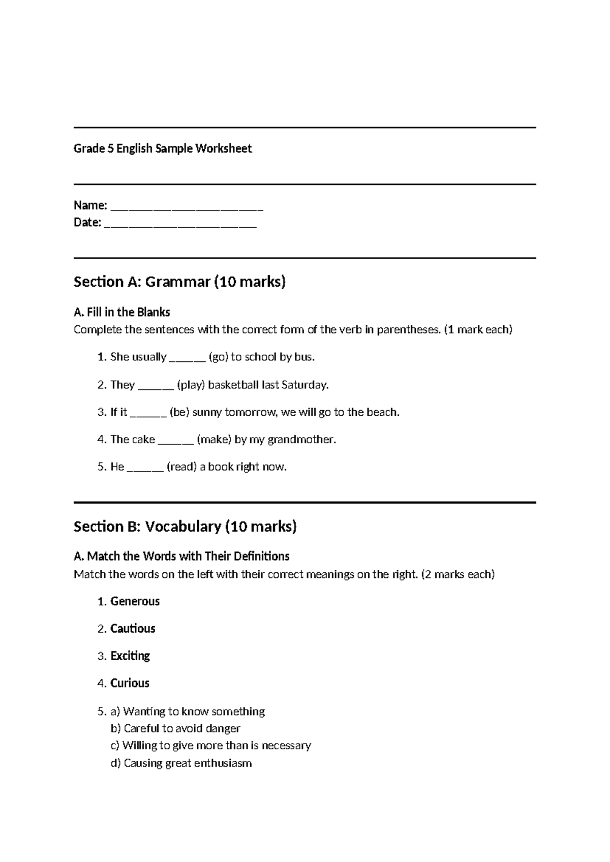 Grade 5 English Sample Worksheet: Grammar & Vocabulary Practice - Studocu