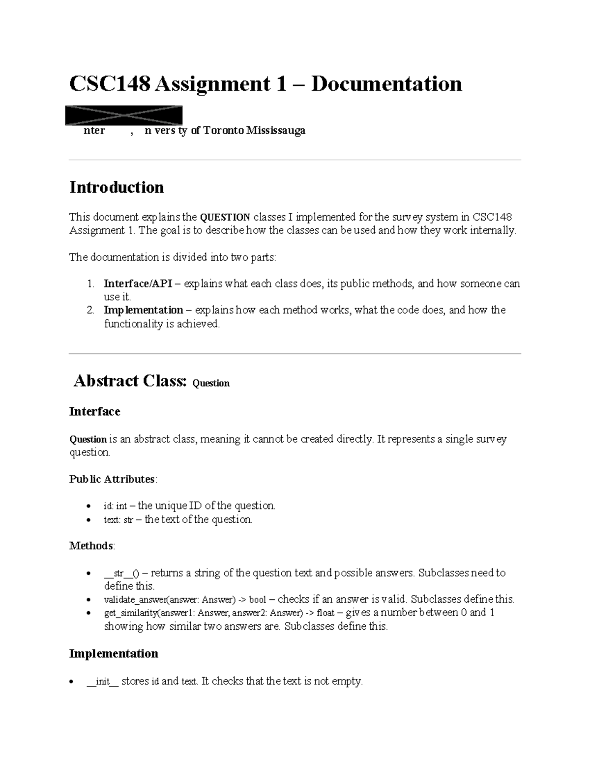 CSC148 Assignment 1: Survey System Class Documentation - Studocu