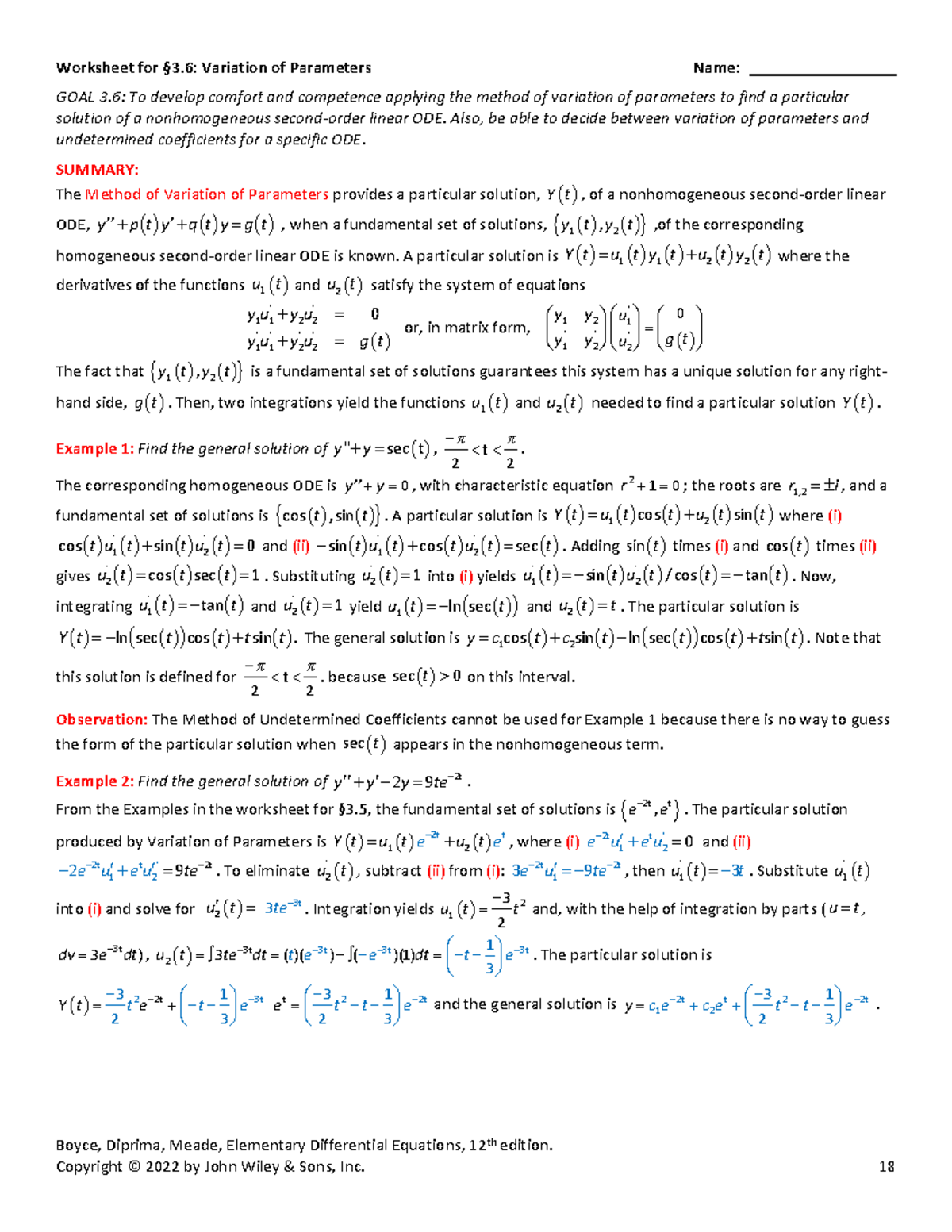 Worksheet Key for Variation of Parameters - Math 3.6 Exam - Studocu