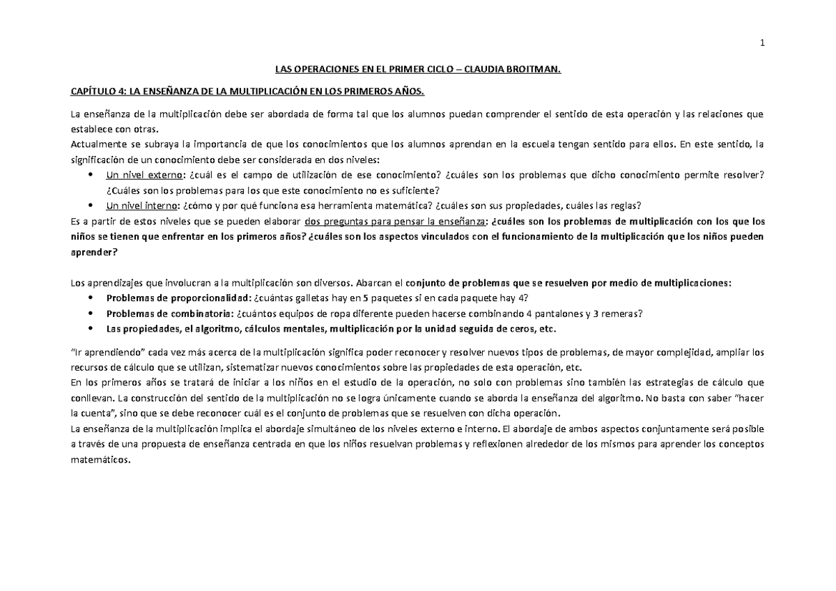 LAS Operaciones EN EL Primer Ciclo- Resumen capítulo 2 - LAS